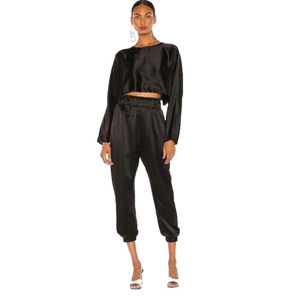 Nonchalant Label Emilia Satin Crop Top & Evory Satin Jogger Set Black Glam Small - Picture 1 of 14